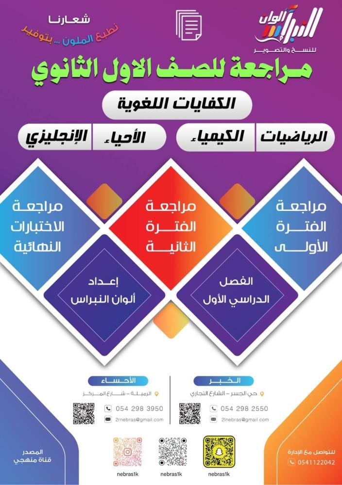 بكج مراجعة الصف الأول الثانوي (الرياضيات + الكيمياء + الأحياء + الكفايات اللغوية + اللغة الإنجليزية )