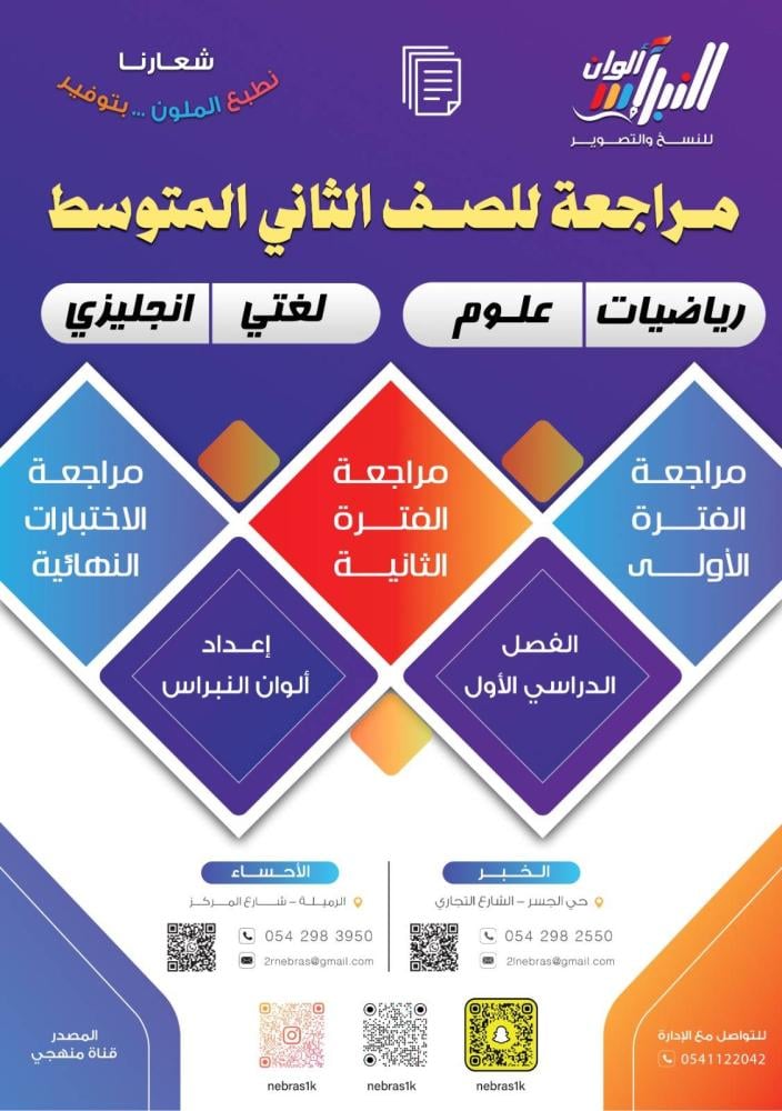 بكج مراجعة الصف الثاني المتوسط (الرياضيات + العلوم + اللغة العربية + اللغة الإنجليزية )