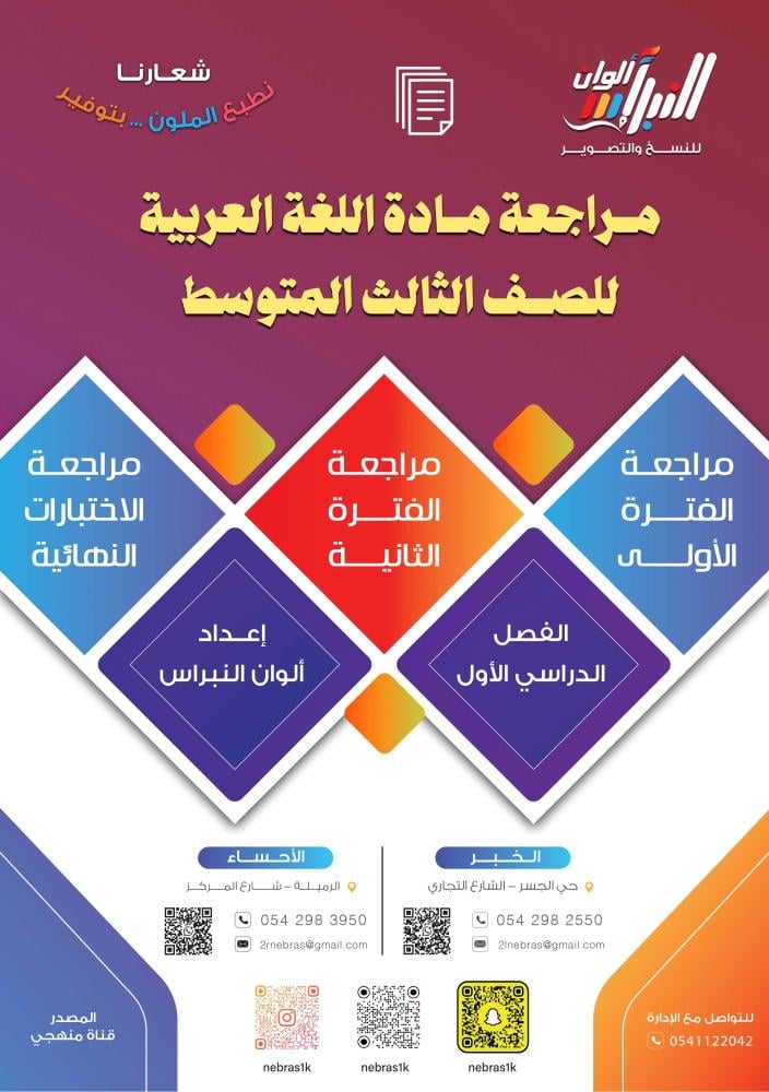 مراجعة اللغة العربية الصف الثالث المتوسط