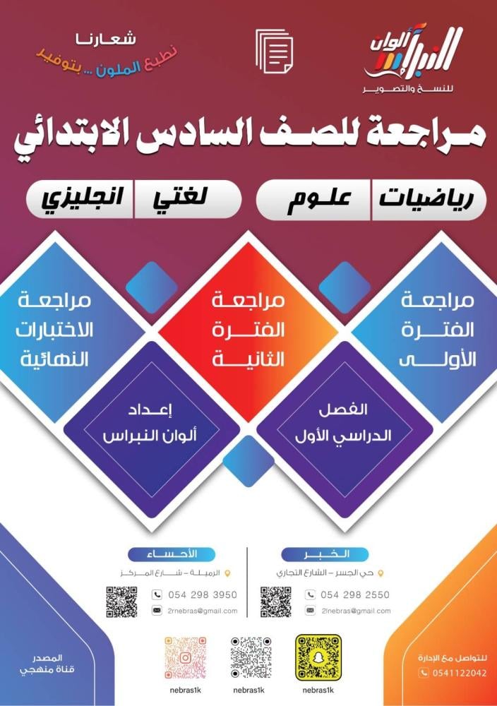 بكج مراجعة الصف السادس الابتدائي (الرياضيات + العلوم + اللغة العربية + اللغة الإنجليزية )