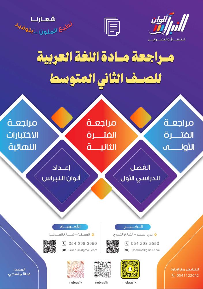 مراجعة اللغة العربية الصف الثاني المتوسط