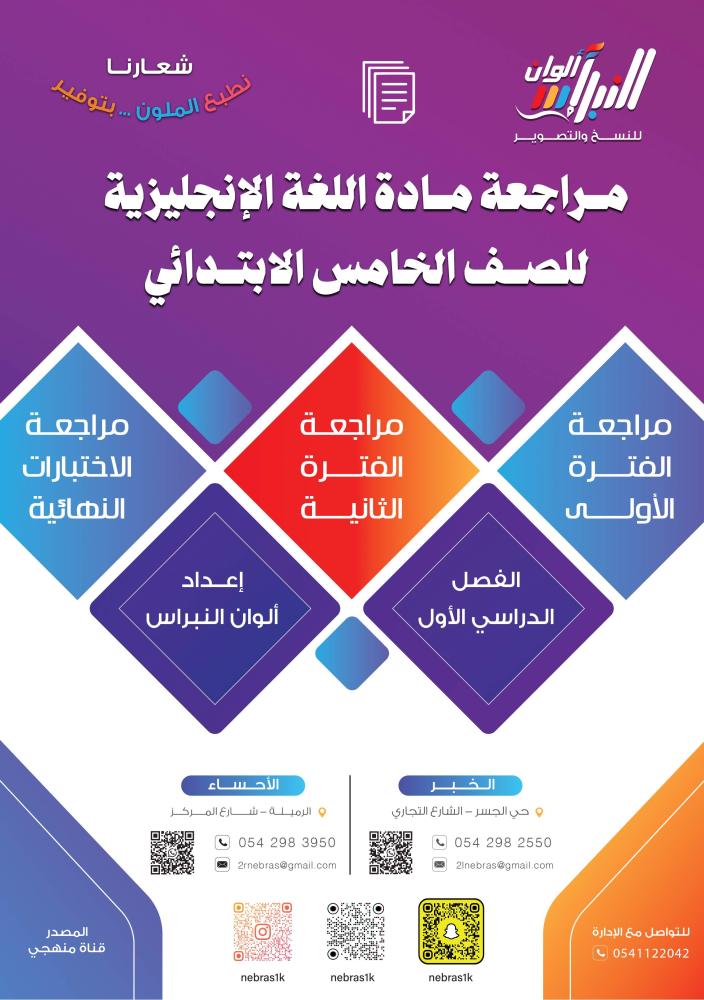 مراجعة اللغة الإنجليزية  الصف الخامس الابتدائي