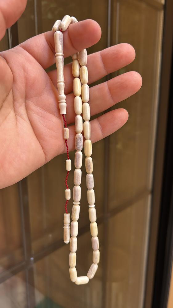 A prayer bead from ostrich bone with a beautiful pine tree carving and a piece of raw material