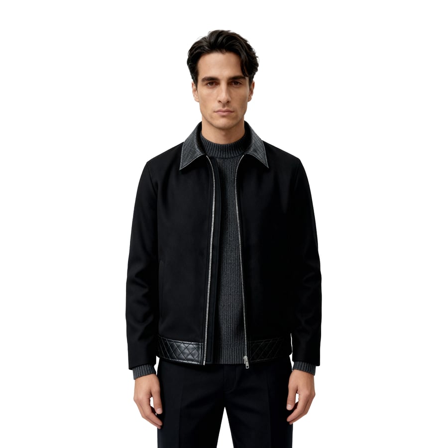 Jacket with Leather Collar - Black