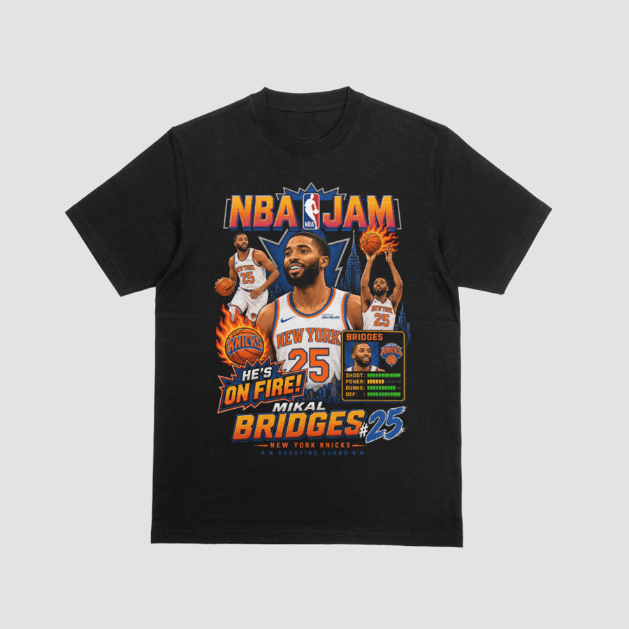 Mikal Bridges, New York Knicks NBA Jam Retro Arcade He's On Fire Video Game Style