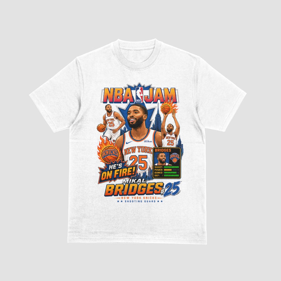 Mikal Bridges, New York Knicks NBA Jam Retro Arcade He's On Fire Video Game Style