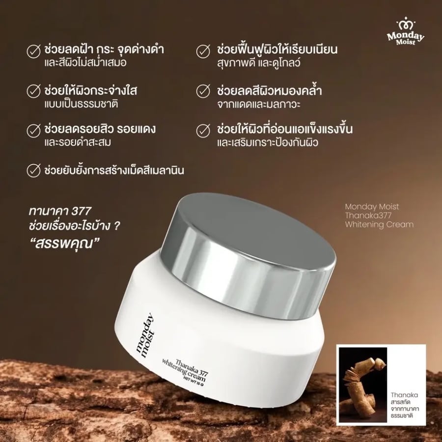 كريم مونداي مويست ثاناكا 377 للتفتيح وتوحيد لون البشرة – 15 جم | Monday Moist Thanaka 377 Whitening Cream