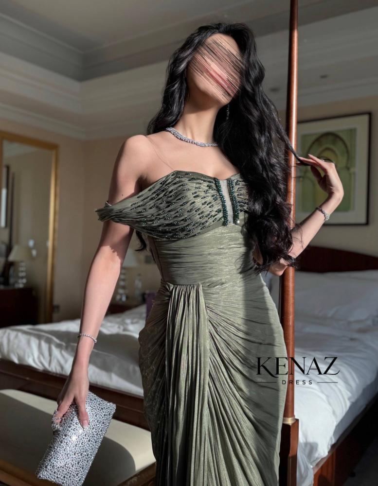 فستان سهرة كرنكل كسرات زيتوني مع تطريز