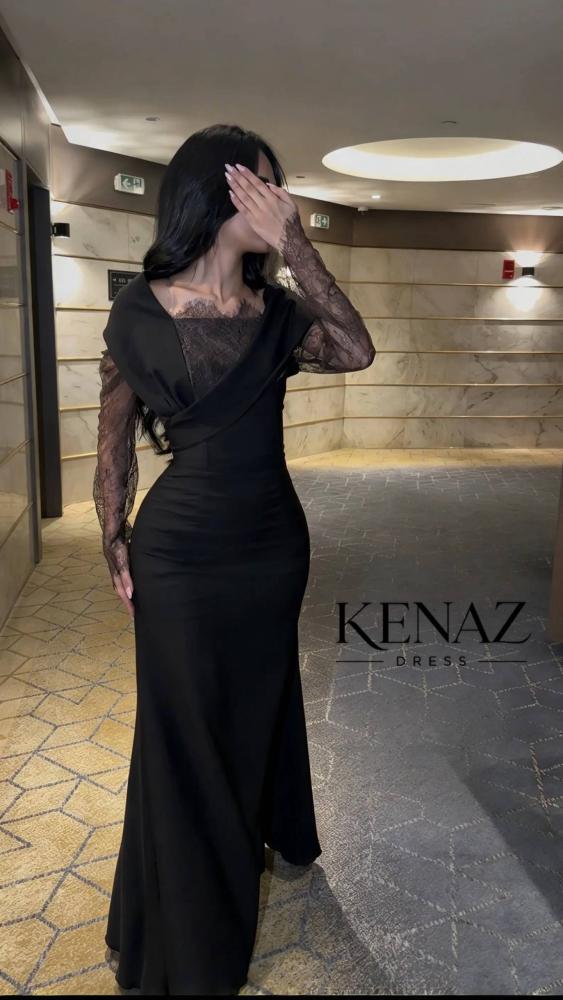 فستان سهرة أسود باربي بأكمام دانتيل فاخرة