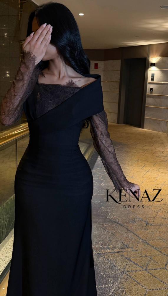 فستان سهرة أسود باربي بأكمام دانتيل فاخرة
