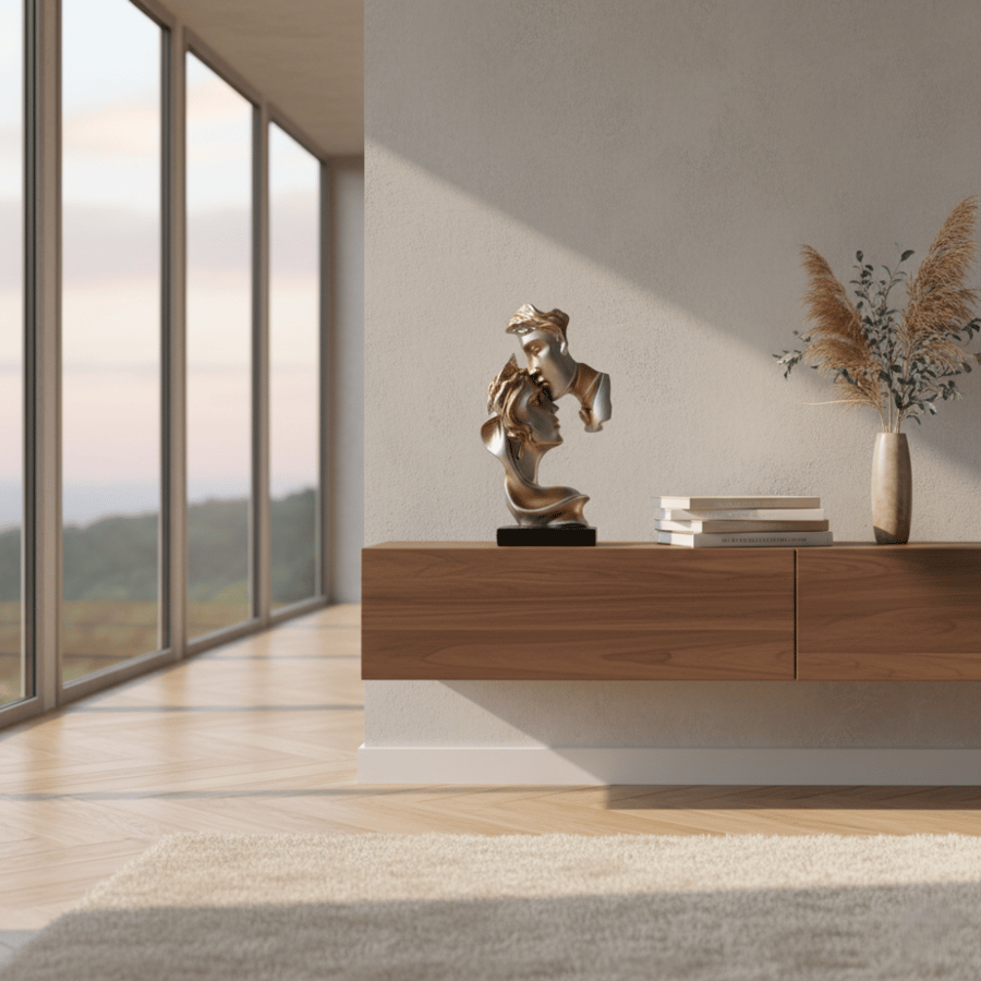 An elegant luxurious abstract couple sculpture with a gold and silver touch