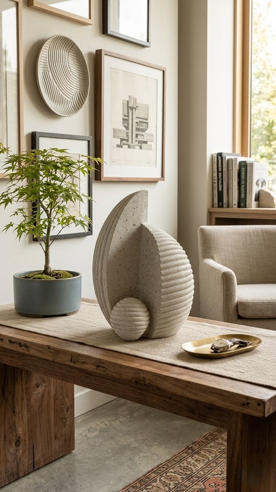 Abstract ceramic sculpture in beige with a contemporary geometric design with an elegant artistic texture