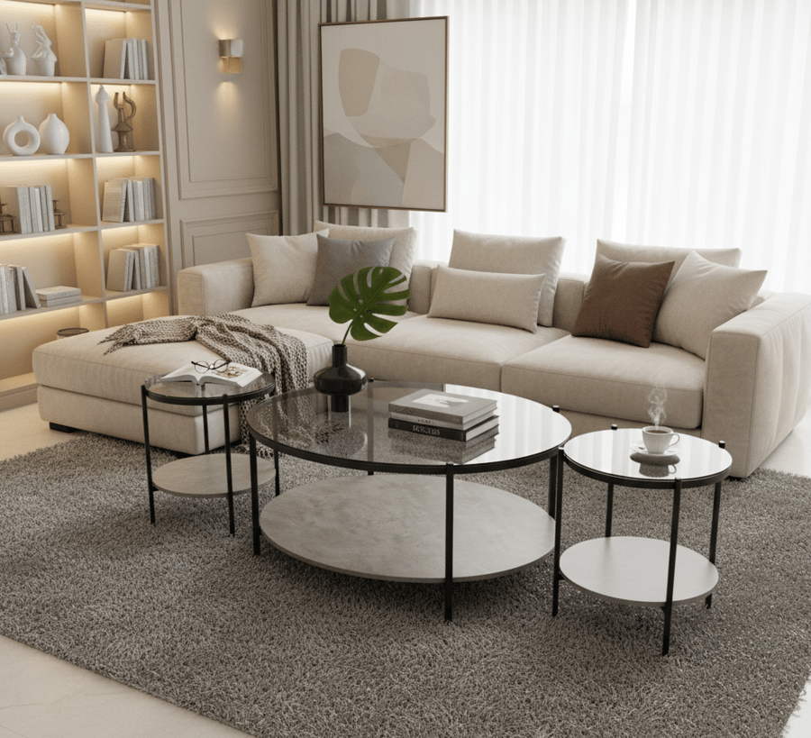 طقم طاولات وسط وخدمة بتصميم رخامي عصري – سطح زجاجي شفاف (5 قطع)