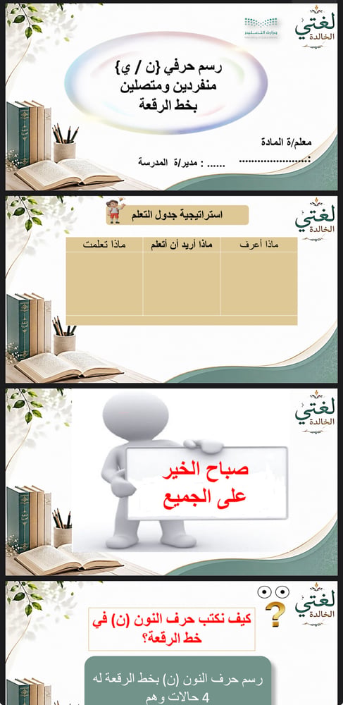 رسم حرفي ( ي/ن ) منفردين ومتصلين بخط الرقعة ( لغتي 2م ف1 )