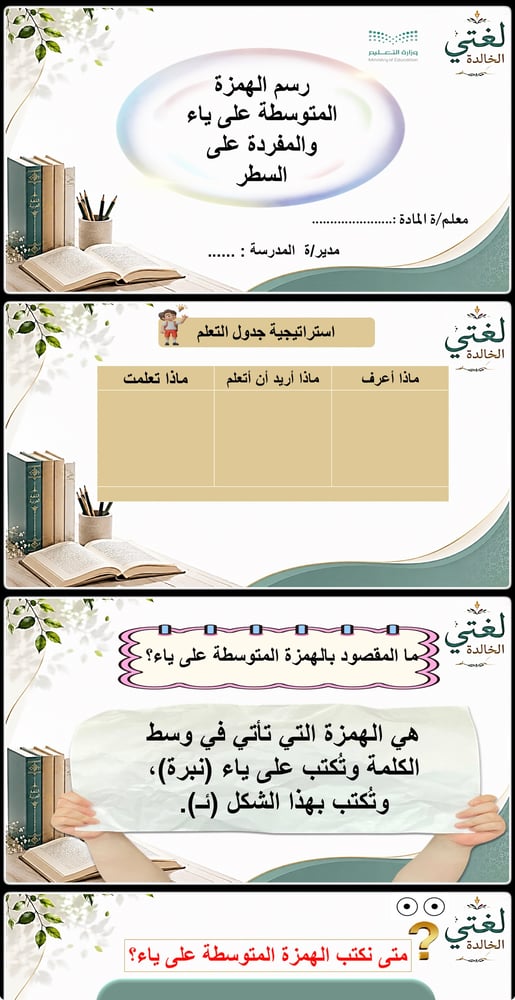 رسم الهمزة المتوسطة على ياء والمفردة على السطر ( لغتي 2م ف1 )