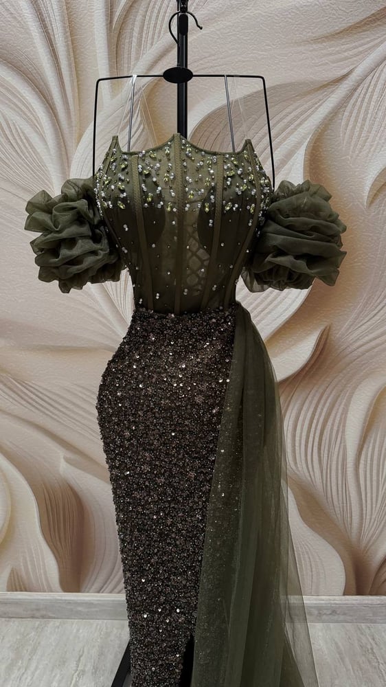 Evening dress with beaded embroidery, tulle train
