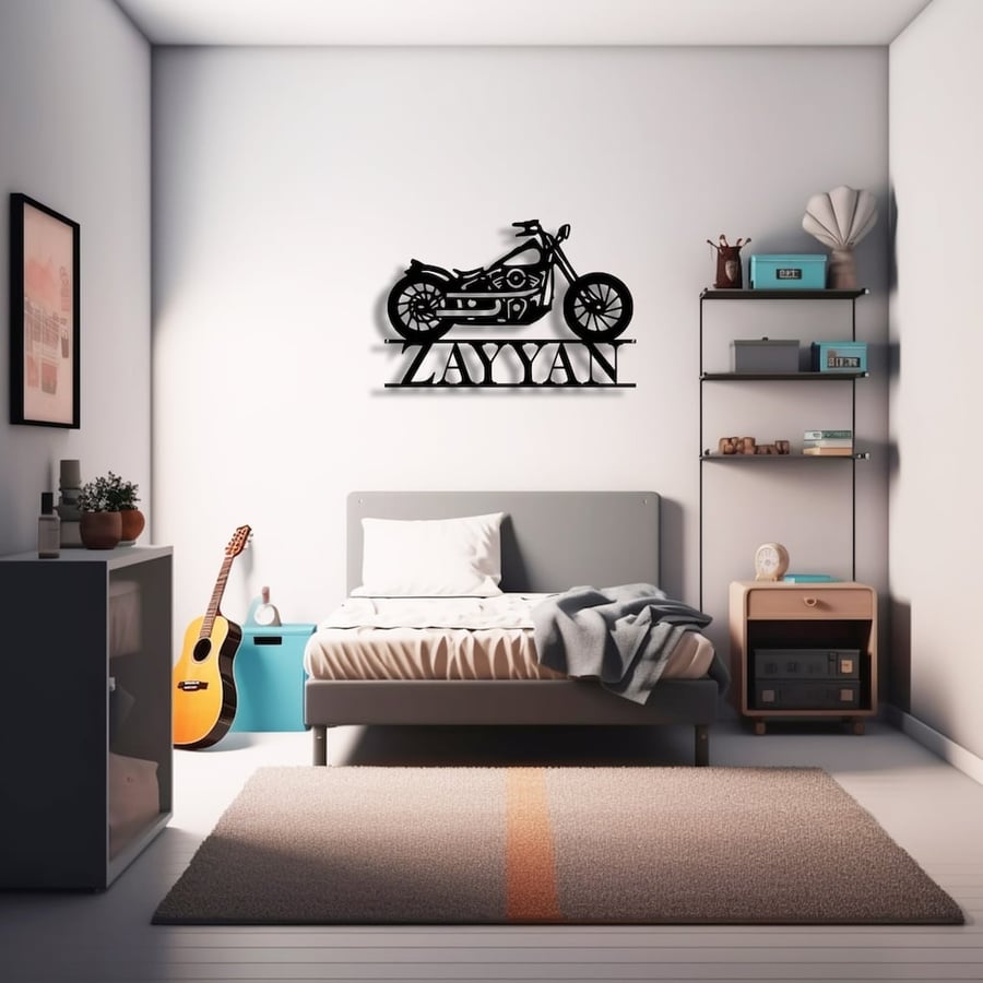 لافتة اسم مخصصة تصميم بايك شبابي MDF اسود مطفي ديكور غرف شباب
