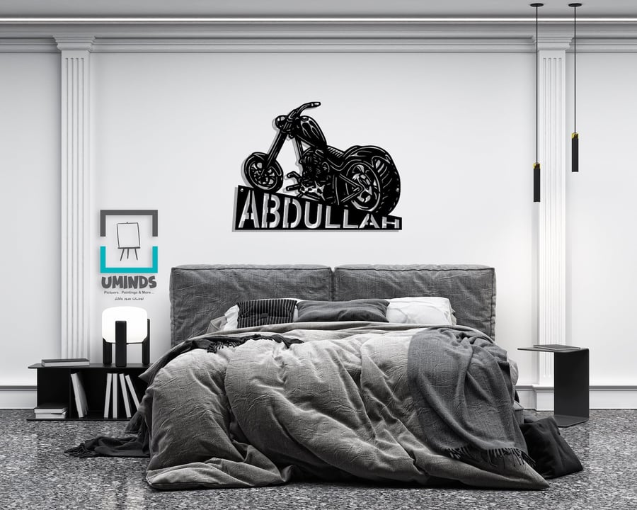 لافتة اسم مخصصة تصميم دراجة نارية فاخر MDF اسود مطفي ديكور شباب