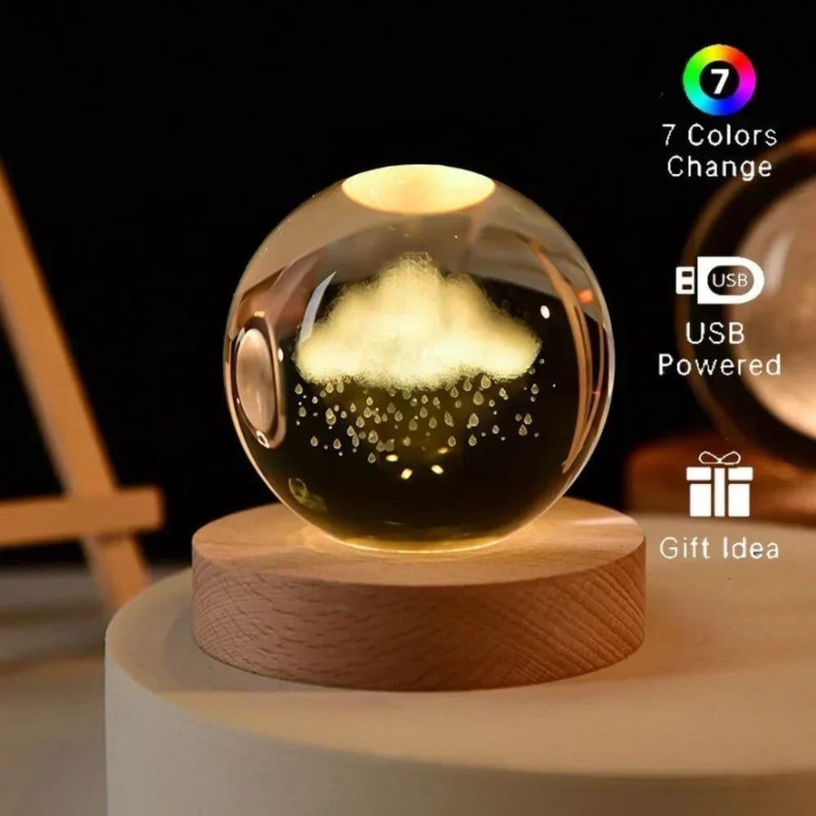 مصباح 3D كريستالي مع قاعدة خشبية