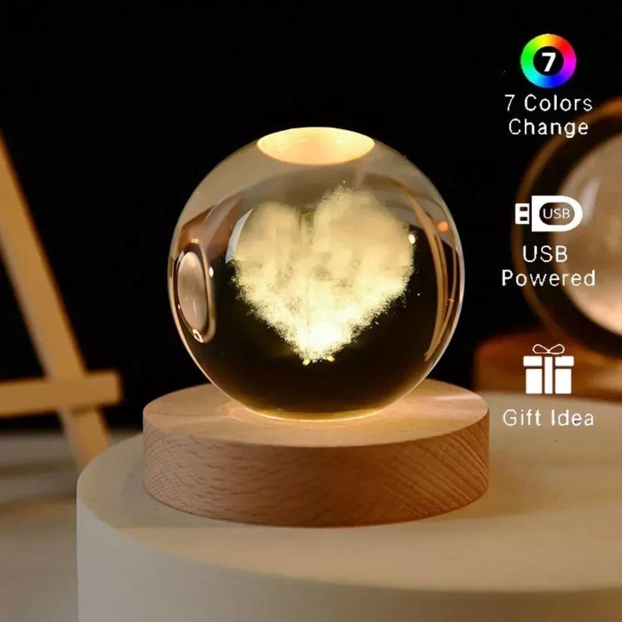 مصباح 3D كريستالي مع قاعدة خشبية