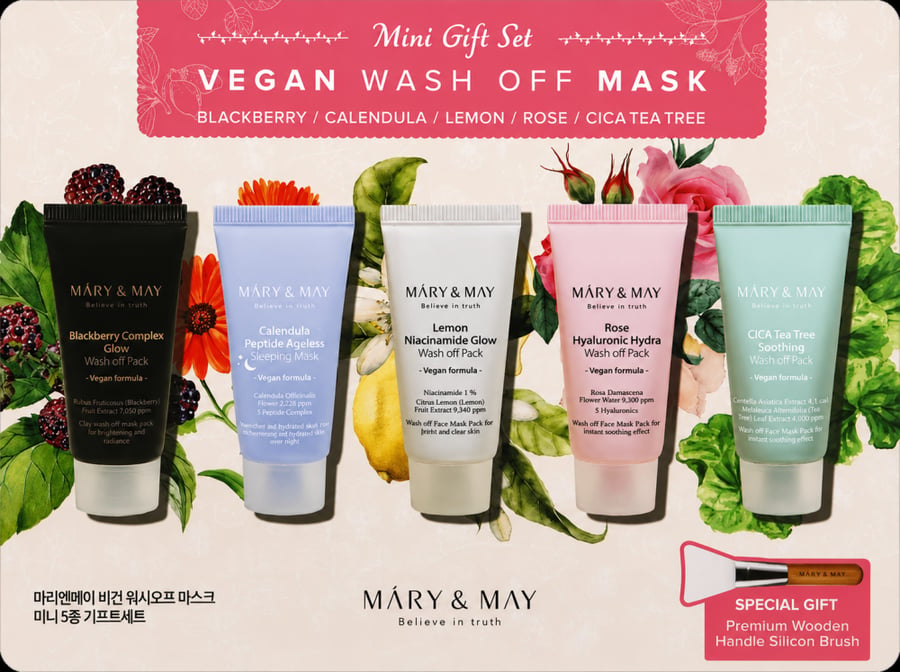 Mary & May Vegan Wash-Off Face Mask Set 5 Pieces + Free Brush