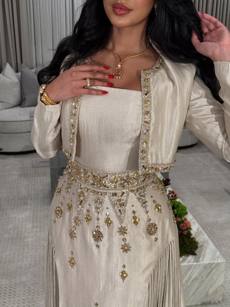 Off-white dress with crystal gold embroidery and jacket