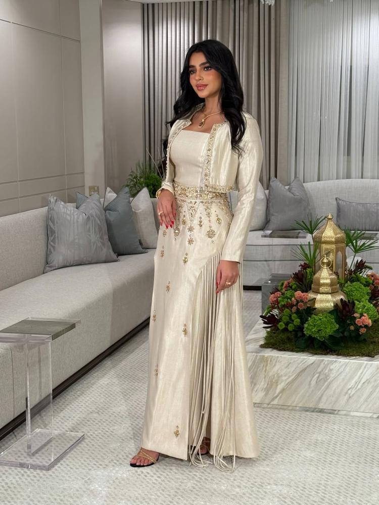 Off-white dress with crystal gold embroidery and jacket