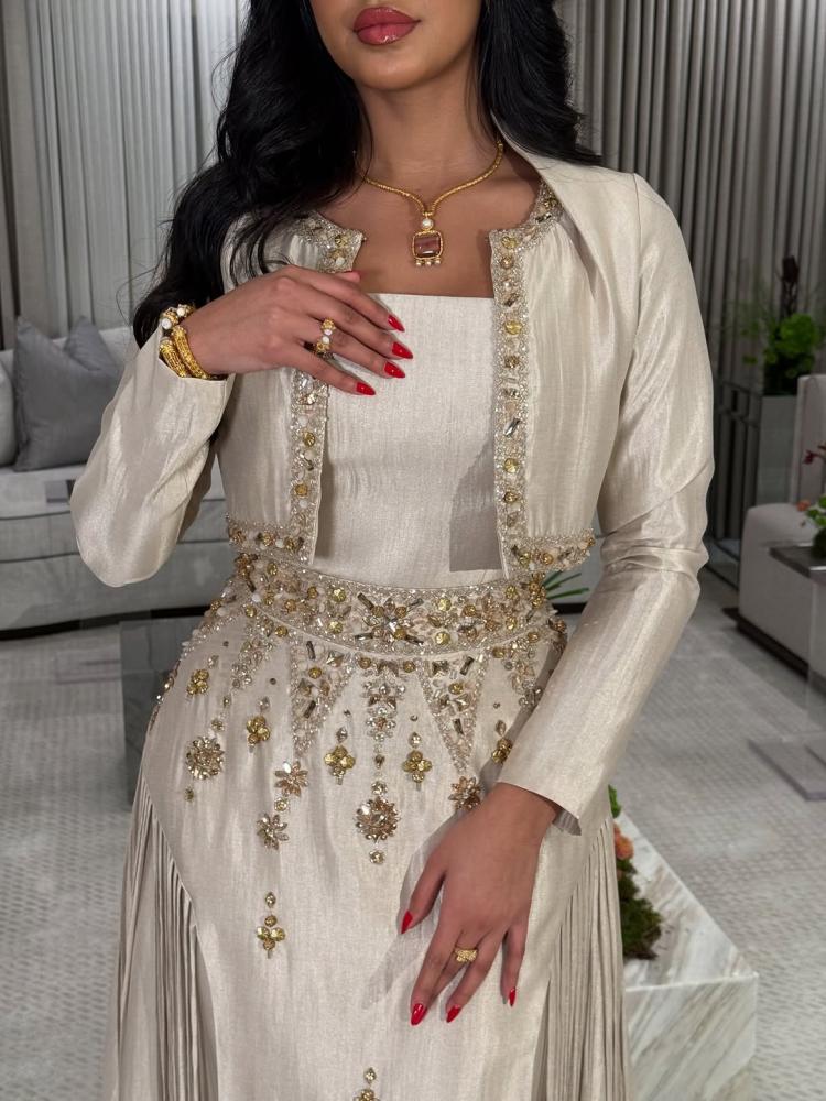Off-white dress with crystal gold embroidery and jacket