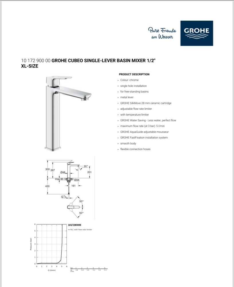 خلاط مغسلة XL-Size كروم CUBEO موديل 1017290000 - جروهي GROHE