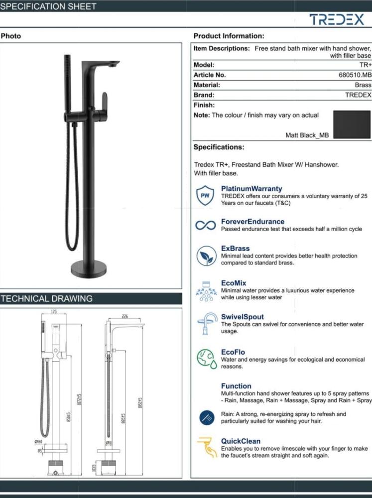 Standing bathroom bathtub mixer with speaker black model TS-680510 - TREDEX