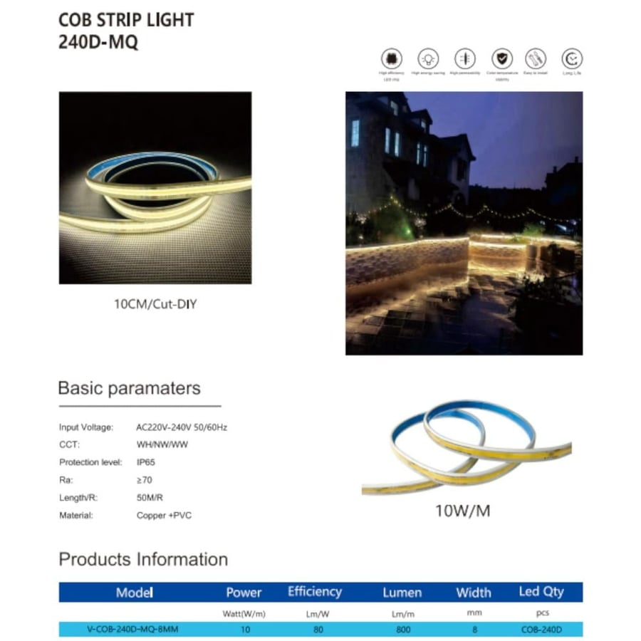 ستريب لايت لاصق بروفايلات انارة بدون تقطيع (متواصلة) كوب COB بدون تقطيع 50 متر موديل V-COB-240D-MQ-8MM - فيماكس V-MAX