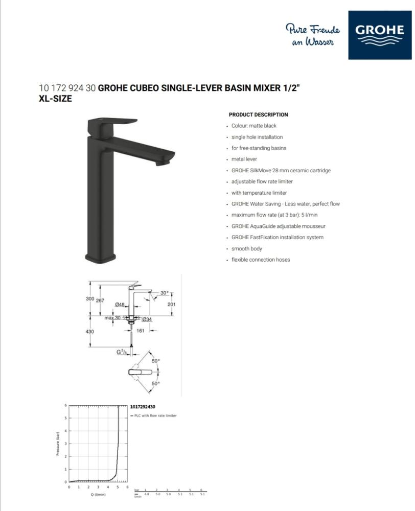 خلاط مغسلة XL-Size أسود CUBEO موديل 1017292430 - جروهي GROHE