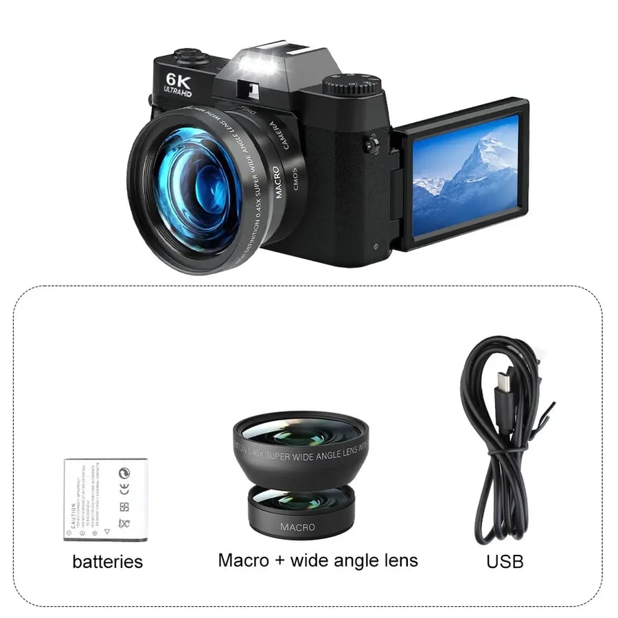 كاميرا رقمية 6K 64MP بشاشة قابلة للطي 16X واي فاي