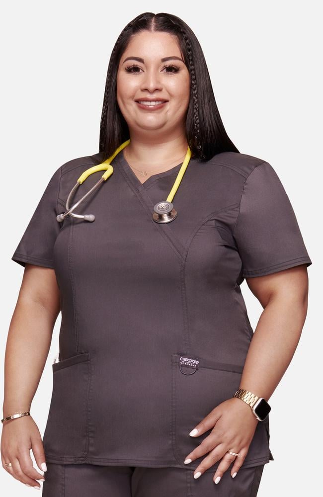 طقم سكراب كامل ماركة شيروكي ورك وير ريڤلوشن / Revolution by Cherokee Workwear Women's Mock Wrap Solid Scrub Top / Revolution by Cherokee Workwear Women's Elastic Waist Cargo Pocket Scrub Pant
