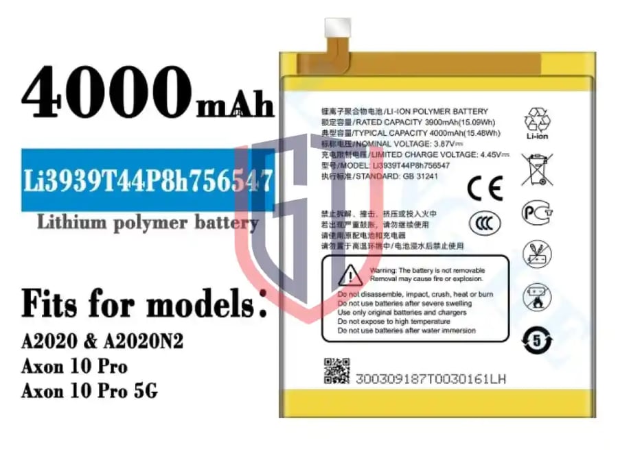 High-Capacity 3.87V Replacement Battery Compatible with ZTE A2020, A2020N2, Axon 10 Pro, and Axon 10 Pro 5G – 4000mAh Long-Lasting Power with Up to 500 Cycles of Lifespan High Quality 3.87V LI3939T44P8H756547 for ZTE A2020 A2020N2 Axon 10 Pro Axon 10 Pro