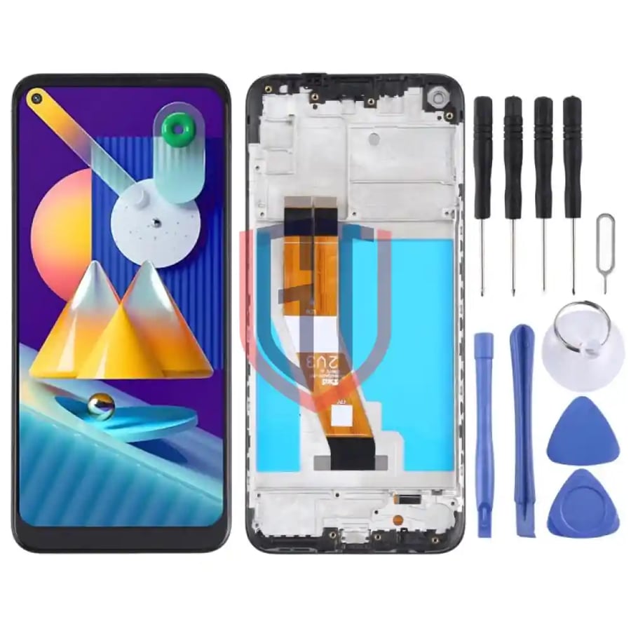 شاشة LCD أصلية لجهاز Samsung Galaxy M11 SM-M115 مجموعة كاملة مع إطار (أسود)