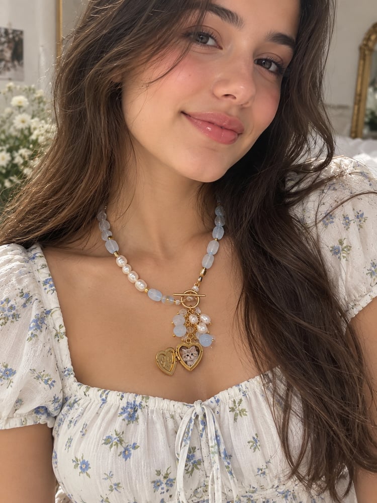 قلادة مميزة من حجر الاكوامارين الخام مع اللؤلؤ الزراعي الطبيعي،  مزينة بشارم مطلية لحفظ صورة حيوانكم الاليف المفضل