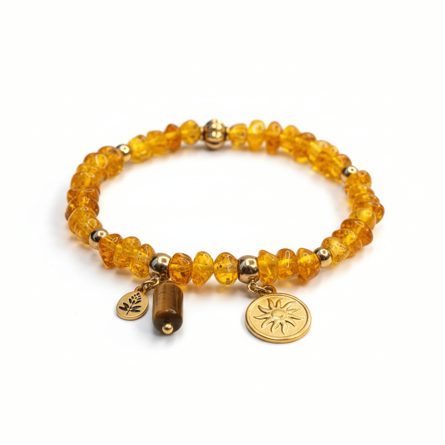 Custom-designed bracelet, made of beautiful raw Baltic amber with added tiger's eye stone and plated charm