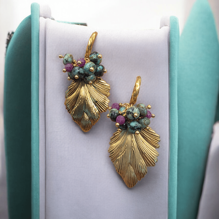 Gold plated, natural African turquoise and ruby stone