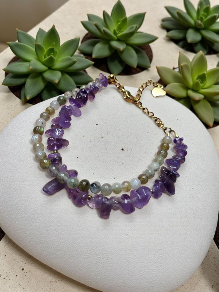 A soft bracelet, two strands, enhanced with mental calmness.. A mix of natural peacock stone with natural amethyst quartz.