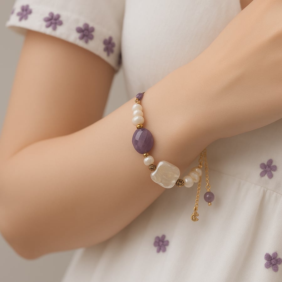 A distinctive and elegant bracelet made of natural amethyst stone known for enhancing self-healing and emotional and psychological calm with natural farmed pearl