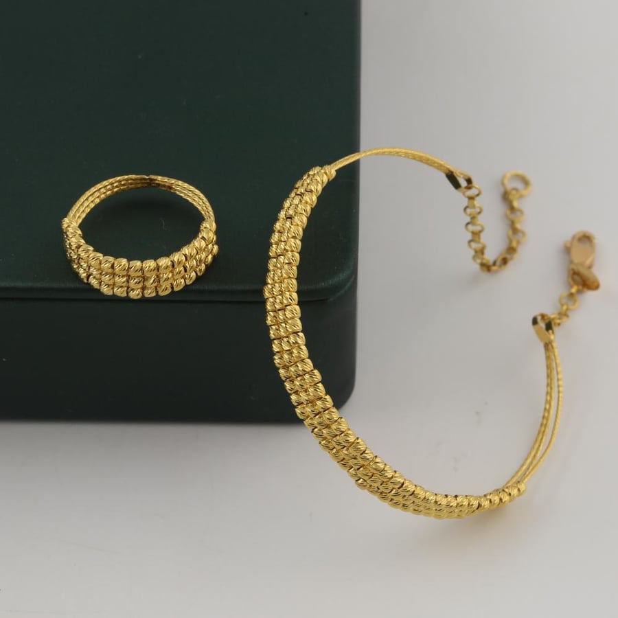 Bracelet and ring gold three rows balls laser - 21 karat