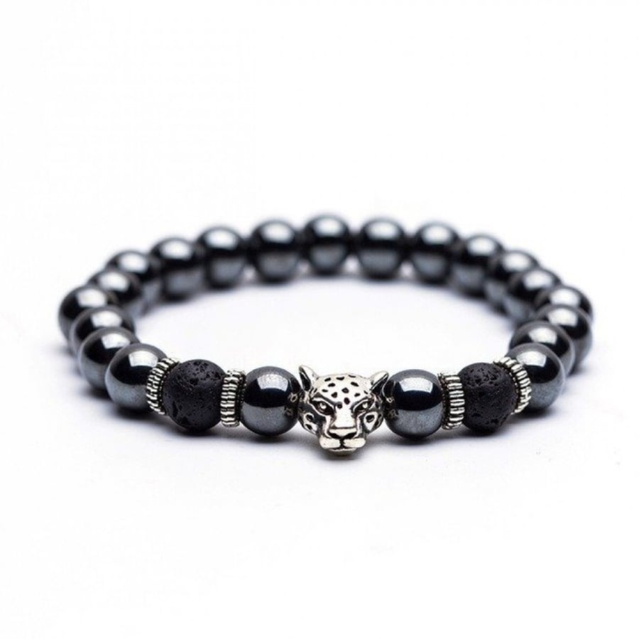 Bracelet with natural hematite stone, black Sky beads, volcanic basalt stone, and a silver tiger head