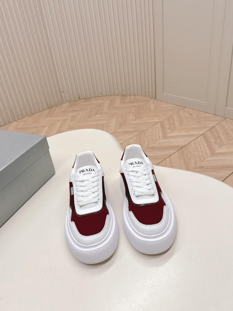 Prada Leather & Fabric Low-Top Sneakers - White/Burgundy