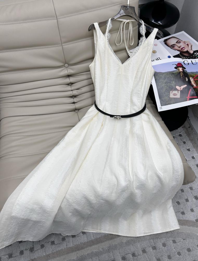 Dior Ivory Lace Trimmed Sleeveless Dress with Black Belt