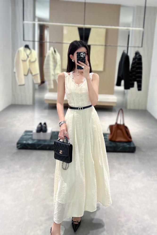 Dior Ivory Lace Trimmed Sleeveless Dress with Black Belt