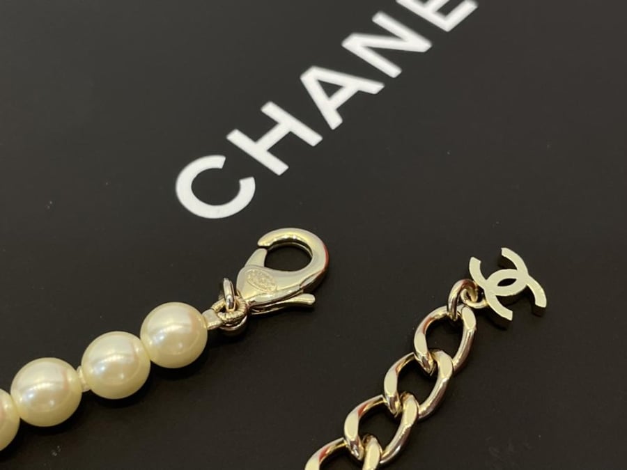 Chanel Pearl Necklace with Crystal Logo Pendant