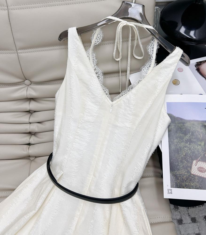 Dior Ivory Lace Trimmed Sleeveless Dress with Black Belt