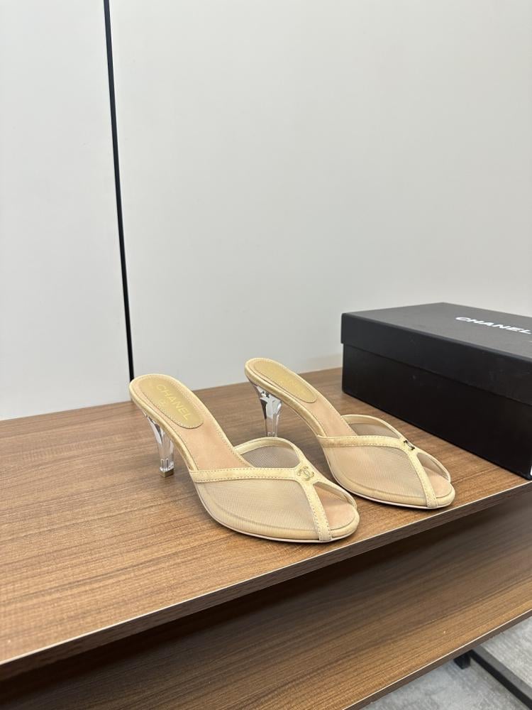 Chanel Beige Mesh Mules with Clear Heels