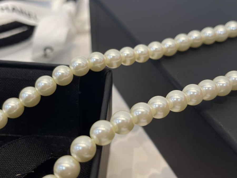 Chanel Pearl Necklace with Crystal Logo Pendant